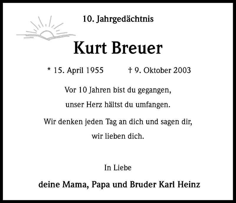  Traueranzeige für Kurt Breuer vom 09.10.2013 aus Kölner Stadt-Anzeiger / Kölnische Rundschau / Express