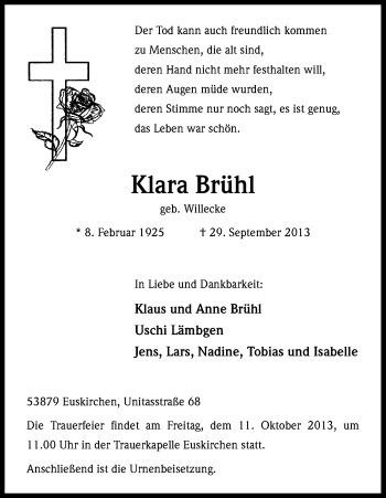 Anzeige von Klara Brühl von Kölner Stadt-Anzeiger / Kölnische Rundschau / Express