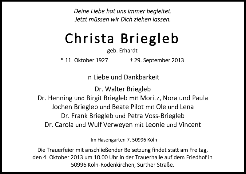  Traueranzeige für Christa Briegleb vom 02.10.2013 aus Kölner Stadt-Anzeiger / Kölnische Rundschau / Express