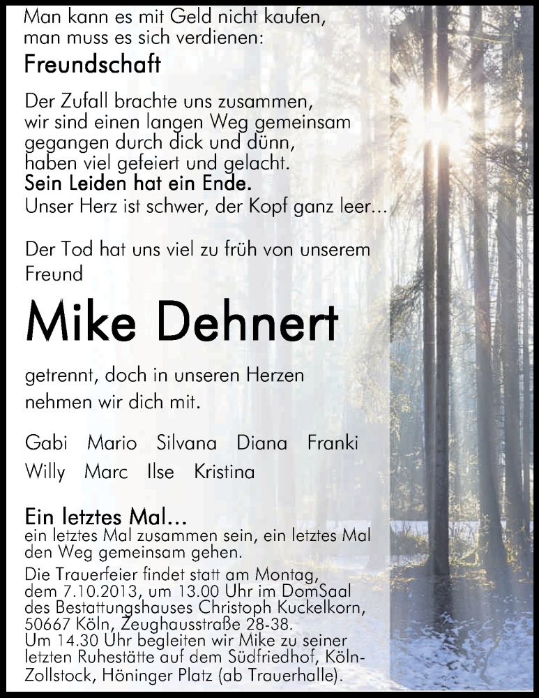 Traueranzeige für Mike Dehnert vom 02.10.2013 aus Kölner Stadt-Anzeiger / Kölnische Rundschau / Express
