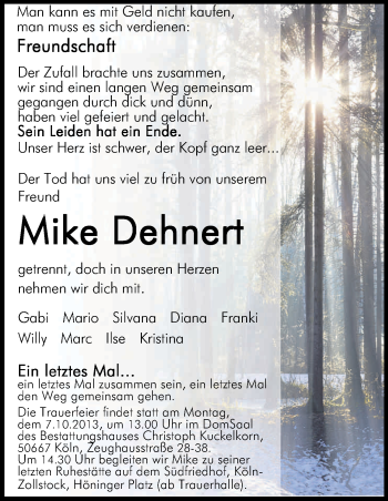 Anzeige von Mike Dehnert von Kölner Stadt-Anzeiger / Kölnische Rundschau / Express