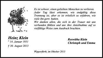 Anzeige von Heinz Klein von Kölner Stadt-Anzeiger / Kölnische Rundschau / Express