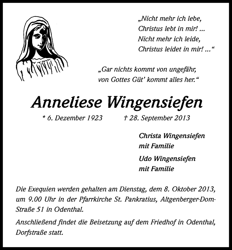  Traueranzeige für Anneliese Wingensiefen vom 03.10.2013 aus Kölner Stadt-Anzeiger / Kölnische Rundschau / Express