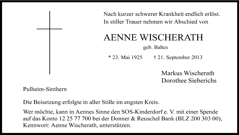  Traueranzeige für Aenne Wischerath vom 05.10.2013 aus Kölner Stadt-Anzeiger / Kölnische Rundschau / Express