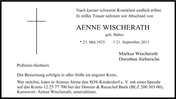 Anzeige von Aenne Wischerath von Kölner Stadt-Anzeiger / Kölnische Rundschau / Express