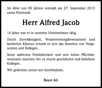 Anzeige von Alfred Jacob von Kölner Stadt-Anzeiger / Kölnische Rundschau / Express