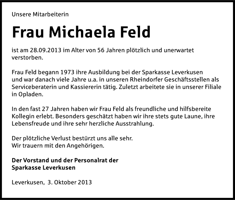  Traueranzeige für Michaela Feld vom 03.10.2013 aus Kölner Stadt-Anzeiger / Kölnische Rundschau / Express