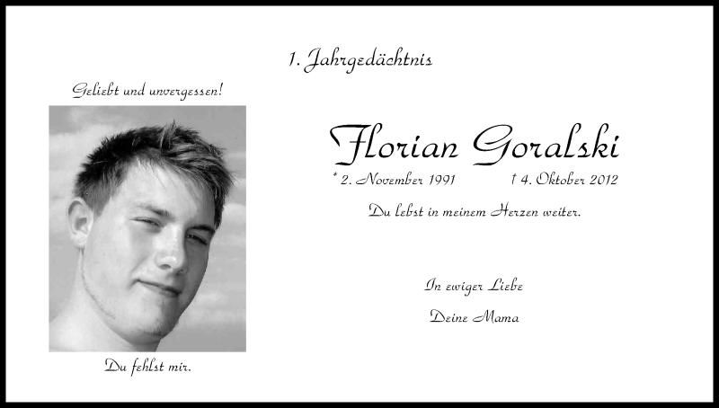  Traueranzeige für Florian Goralski vom 05.10.2013 aus Kölner Stadt-Anzeiger / Kölnische Rundschau / Express