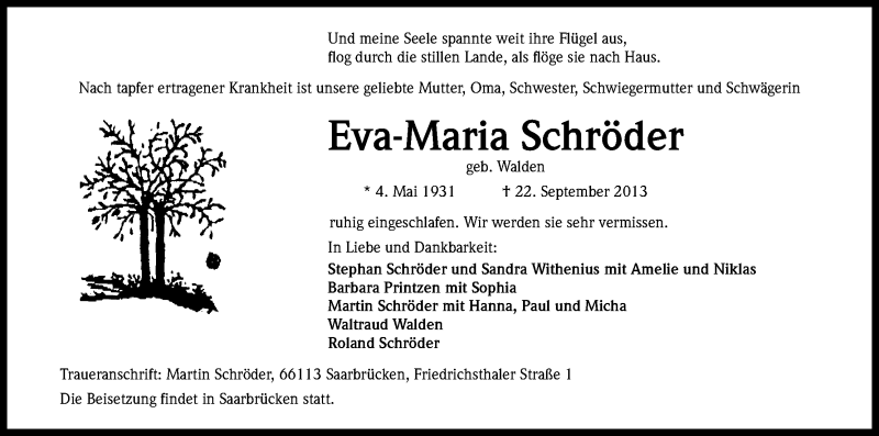  Traueranzeige für Eva Maria Schröder vom 05.10.2013 aus Kölner Stadt-Anzeiger / Kölnische Rundschau / Express