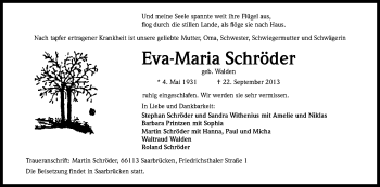 Anzeige von Eva Maria Schröder von Kölner Stadt-Anzeiger / Kölnische Rundschau / Express