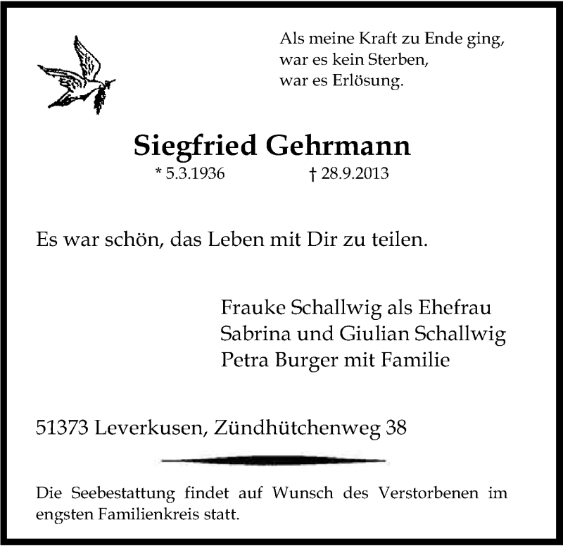  Traueranzeige für Siegfried Gehrmann vom 05.10.2013 aus Kölner Stadt-Anzeiger / Kölnische Rundschau / Express