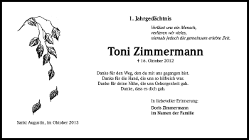 Anzeige von Toni Zimmermann von Kölner Stadt-Anzeiger / Kölnische Rundschau / Express