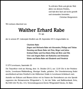 Anzeige von Walther Erhard Rabe von Kölner Stadt-Anzeiger / Kölnische Rundschau / Express