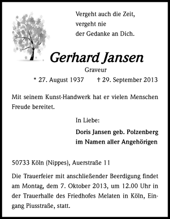 Anzeige von Gerhard Jansen von Kölner Stadt-Anzeiger / Kölnische Rundschau / Express