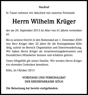 Anzeige von Wilhelm Krüger von Kölner Stadt-Anzeiger / Kölnische Rundschau / Express