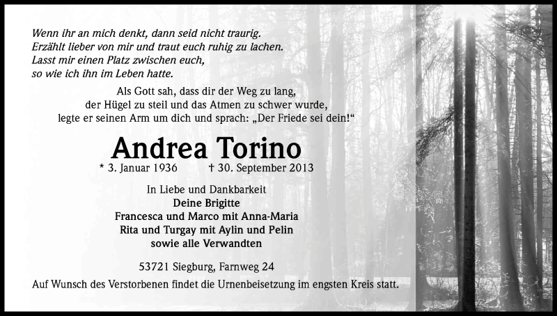  Traueranzeige für Andrea Torino vom 05.10.2013 aus Kölner Stadt-Anzeiger / Kölnische Rundschau / Express
