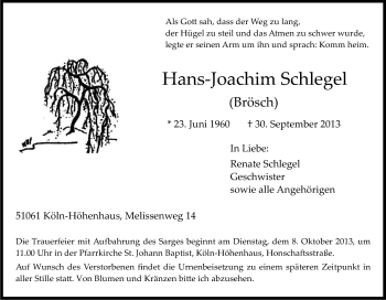Anzeige von Hans-Joachim Schlegel von Kölner Stadt-Anzeiger / Kölnische Rundschau / Express