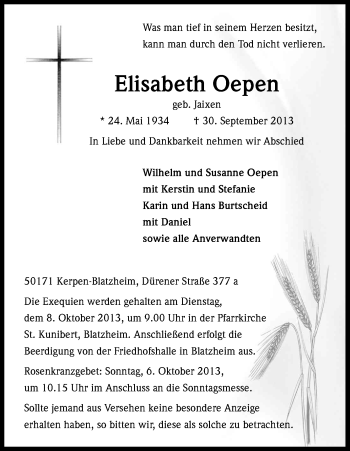 Anzeige von Elisabeth Oepen von Kölner Stadt-Anzeiger / Kölnische Rundschau / Express