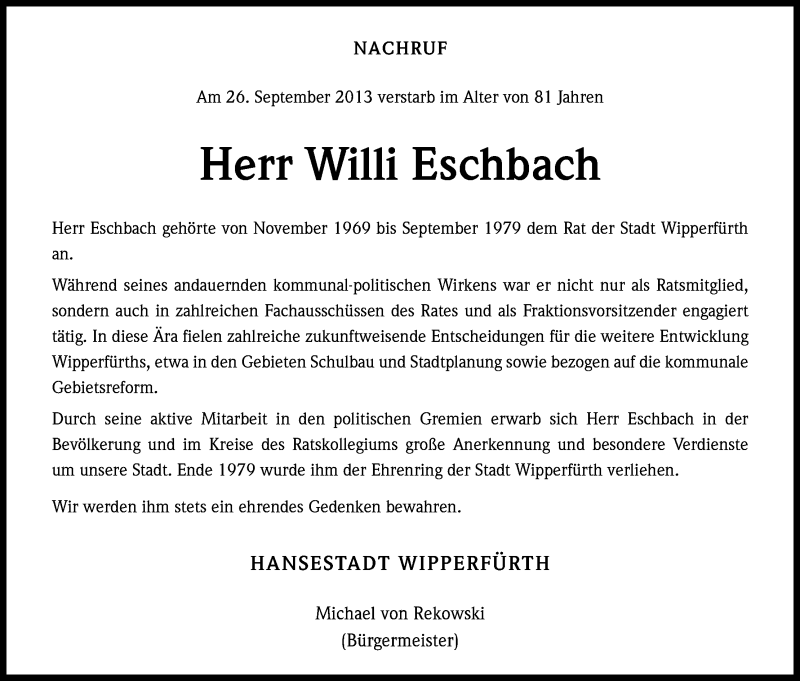 Traueranzeige für Willi Eschbach vom 03.10.2013 aus Kölner Stadt-Anzeiger / Kölnische Rundschau / Express