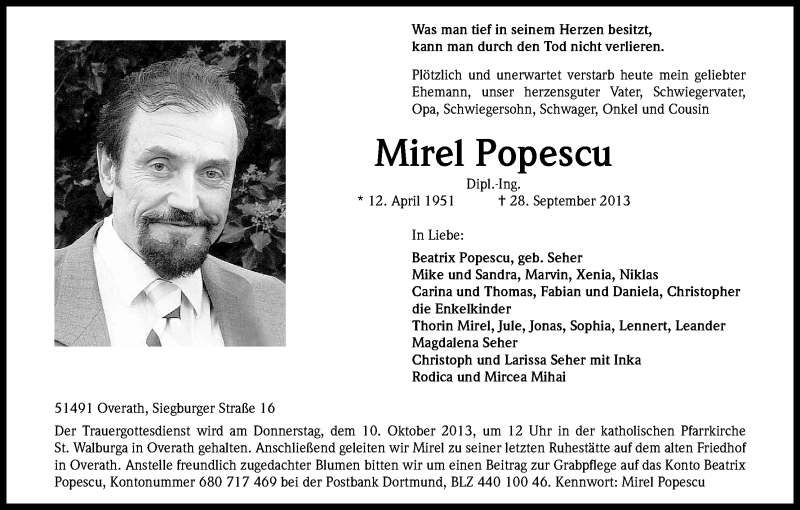  Traueranzeige für Mirel Popescu vom 05.10.2013 aus Kölner Stadt-Anzeiger / Kölnische Rundschau / Express