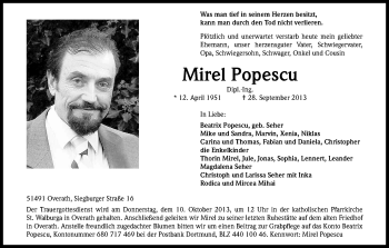 Anzeige von Mirel Popescu von Kölner Stadt-Anzeiger / Kölnische Rundschau / Express