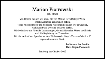 Anzeige von Marion Piotrowski von Kölner Stadt-Anzeiger / Kölnische Rundschau / Express
