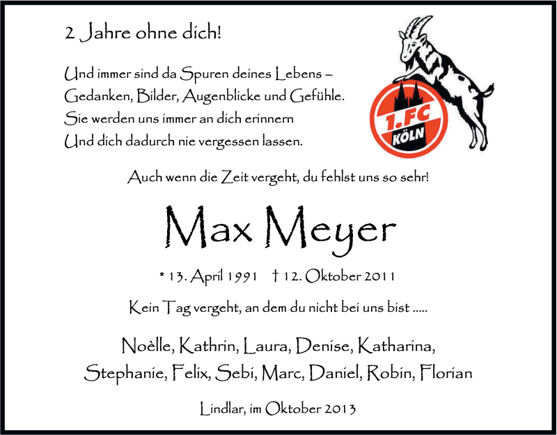  Traueranzeige für Maximilian Niclas Meyer vom 12.10.2013 aus Kölner Stadt-Anzeiger / Kölnische Rundschau / Express