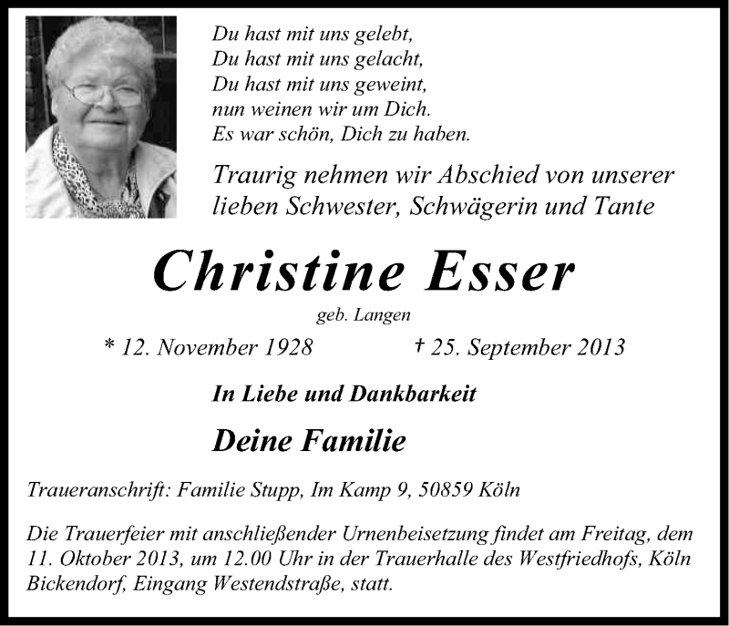  Traueranzeige für Christine Esser vom 05.10.2013 aus Kölner Stadt-Anzeiger / Kölnische Rundschau / Express