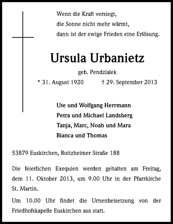 Anzeige von Ursula Urbanietz von Kölner Stadt-Anzeiger / Kölnische Rundschau / Express