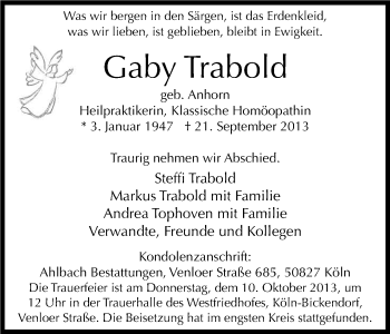 Anzeige von Gaby Trabold von Kölner Stadt-Anzeiger / Kölnische Rundschau / Express