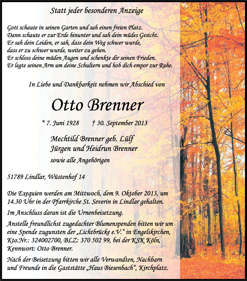  Traueranzeige für Otto Brenner vom 05.10.2013 aus Kölner Stadt-Anzeiger / Kölnische Rundschau / Express