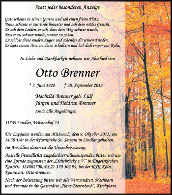 Anzeige von Otto Brenner von Kölner Stadt-Anzeiger / Kölnische Rundschau / Express