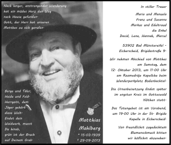 Anzeige von Matthias Mahlberg von Kölner Stadt-Anzeiger / Kölnische Rundschau / Express