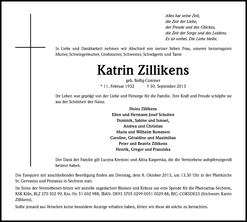  Traueranzeige für Katrin Zillikens vom 05.10.2013 aus Kölner Stadt-Anzeiger / Kölnische Rundschau / Express