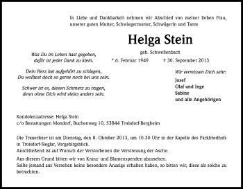 Anzeige von Helga Stein von Kölner Stadt-Anzeiger / Kölnische Rundschau / Express