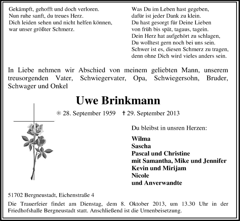  Traueranzeige für Uwe Brinkmann vom 03.10.2013 aus Kölner Stadt-Anzeiger / Kölnische Rundschau / Express