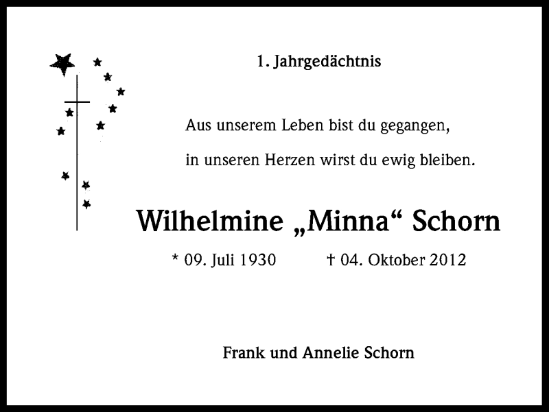  Traueranzeige für Wilhelmine Schorn vom 05.10.2013 aus Kölner Stadt-Anzeiger / Kölnische Rundschau / Express