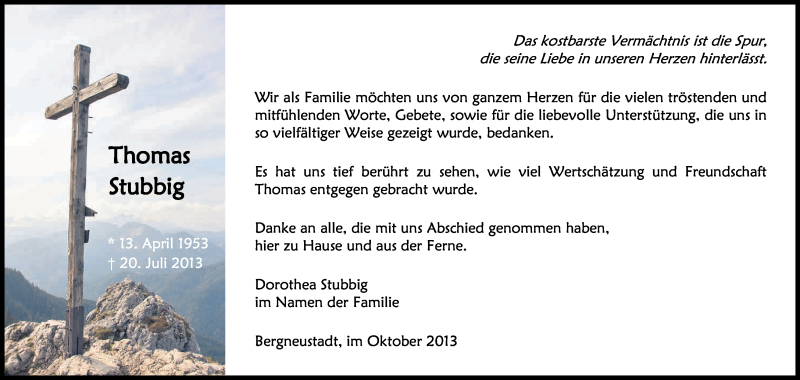  Traueranzeige für Thomas Stubbig vom 05.10.2013 aus Kölner Stadt-Anzeiger / Kölnische Rundschau / Express