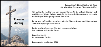 Anzeige von Thomas Stubbig von Kölner Stadt-Anzeiger / Kölnische Rundschau / Express