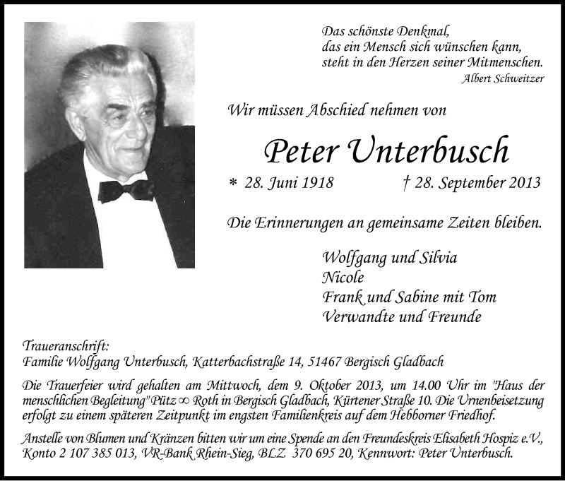  Traueranzeige für Peter Unterbusch vom 05.10.2013 aus Kölner Stadt-Anzeiger / Kölnische Rundschau / Express