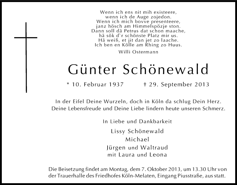  Traueranzeige für Günter Schönewald vom 05.10.2013 aus Kölner Stadt-Anzeiger / Kölnische Rundschau / Express