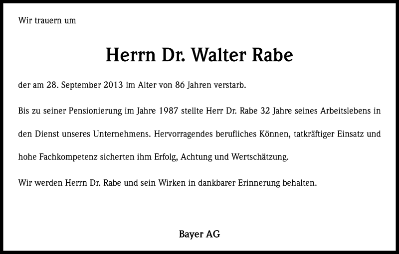  Traueranzeige für Walther Rabe vom 05.10.2013 aus Kölner Stadt-Anzeiger / Kölnische Rundschau / Express