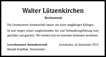 Anzeige von Walter Lützenkirchen von Kölner Stadt-Anzeiger / Kölnische Rundschau / Express
