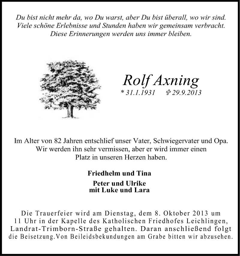  Traueranzeige für Rolf Axing vom 05.10.2013 aus Kölner Stadt-Anzeiger / Kölnische Rundschau / Express
