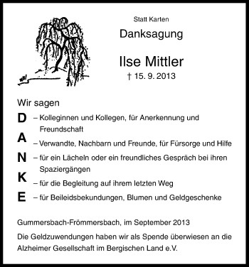 Anzeige von Ilse Mittler von Kölner Stadt-Anzeiger / Kölnische Rundschau / Express