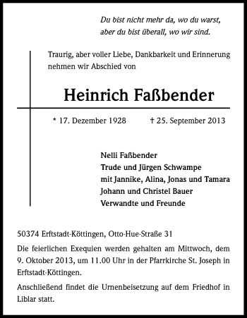 Anzeige von Heinrich Faßbender von Kölner Stadt-Anzeiger / Kölnische Rundschau / Express