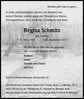Anzeige von Regina Schmitz von Kölner Stadt-Anzeiger / Kölnische Rundschau / Express