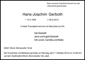 Anzeige von Hans-Joachim Gerboth von Kölner Stadt-Anzeiger / Kölnische Rundschau / Express