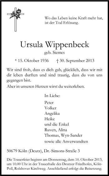 Anzeige von Ursula Wippenbeck von Kölner Stadt-Anzeiger / Kölnische Rundschau / Express
