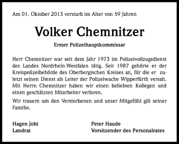 Anzeige von Volker Chemnitzer von Kölner Stadt-Anzeiger / Kölnische Rundschau / Express